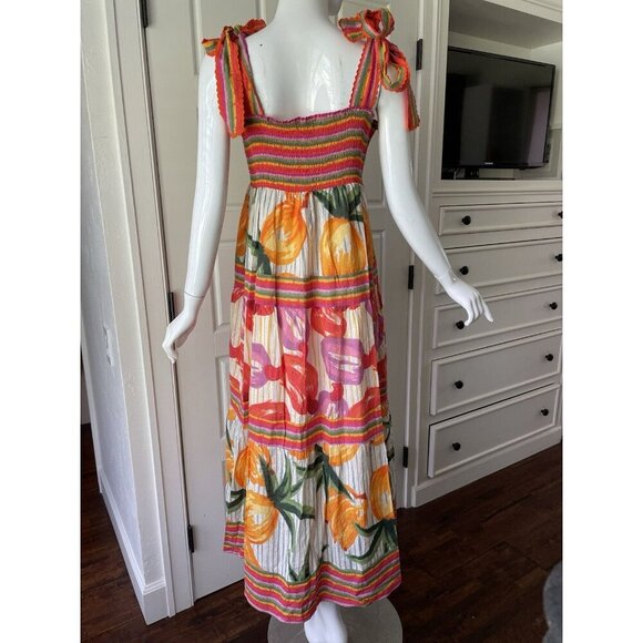 House Of Harlow 1960 Revolve Tropical Fruit Colorful Smocked Tiered Maxi Dress L - Picture 3 of 13